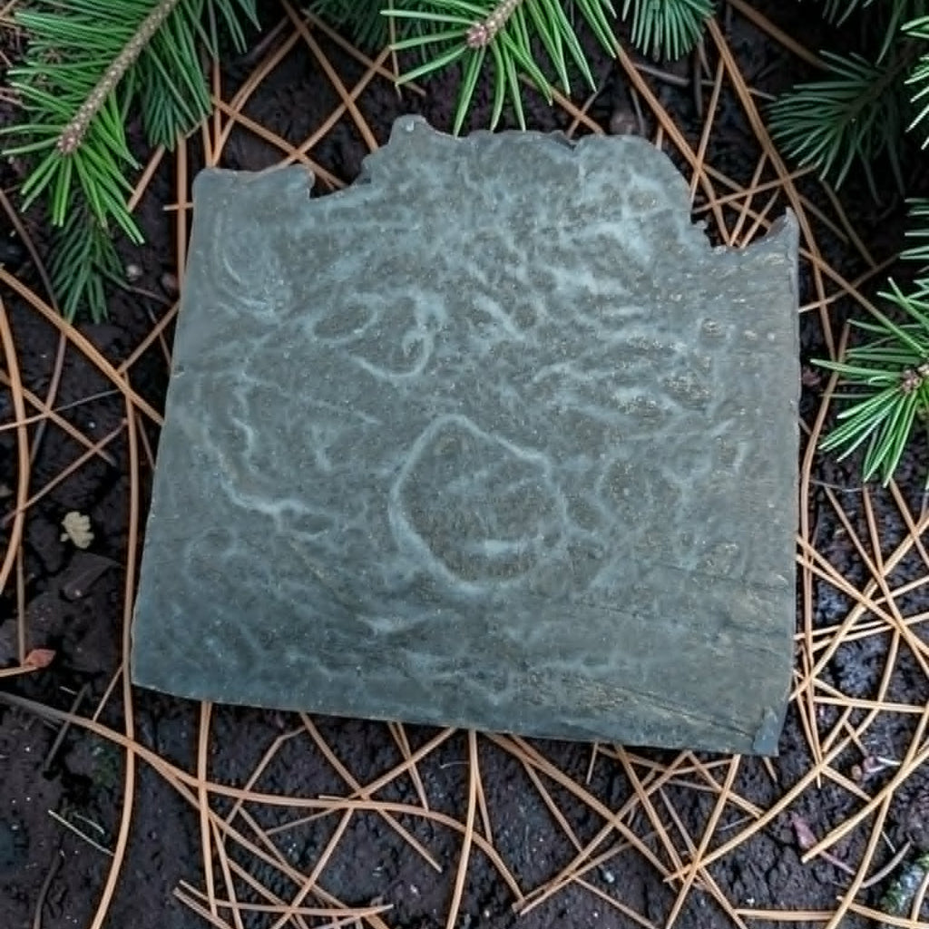 A square gray soap with a textured, organic pattern, placed on dark soil covered with pine needles and evergreen branches.