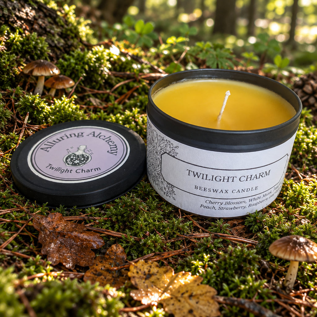 Open beeswax candle in black candle tin from Alluring alchemy