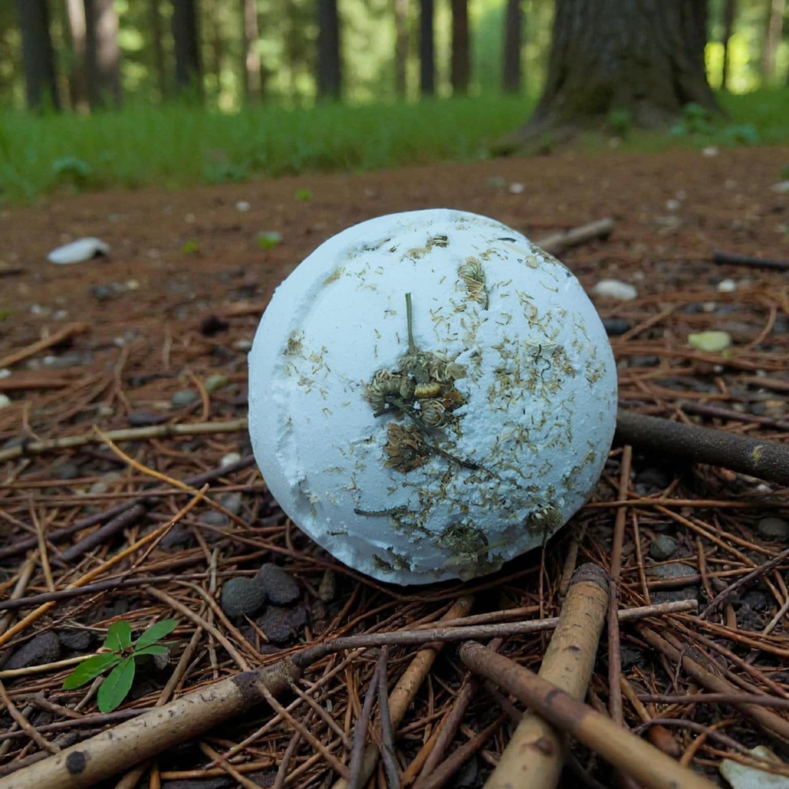 White ball with chamomile on a forest floor