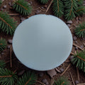 Round light blue object on a bed of pine needles and branches