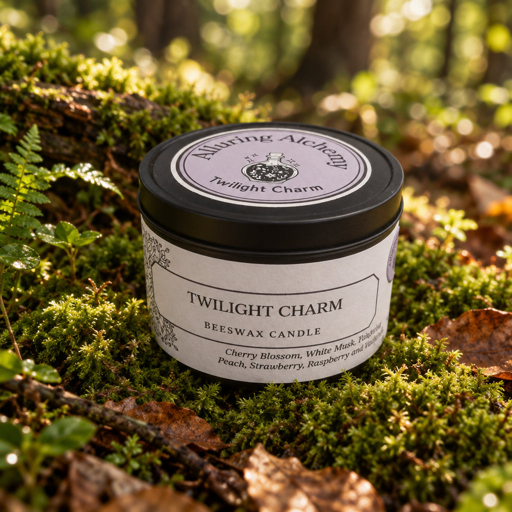 A jar of Twilight Charm beeswax candle by Alluring Alchemy, placed on a light wood desk with a blurred keyboard and office items in the background.