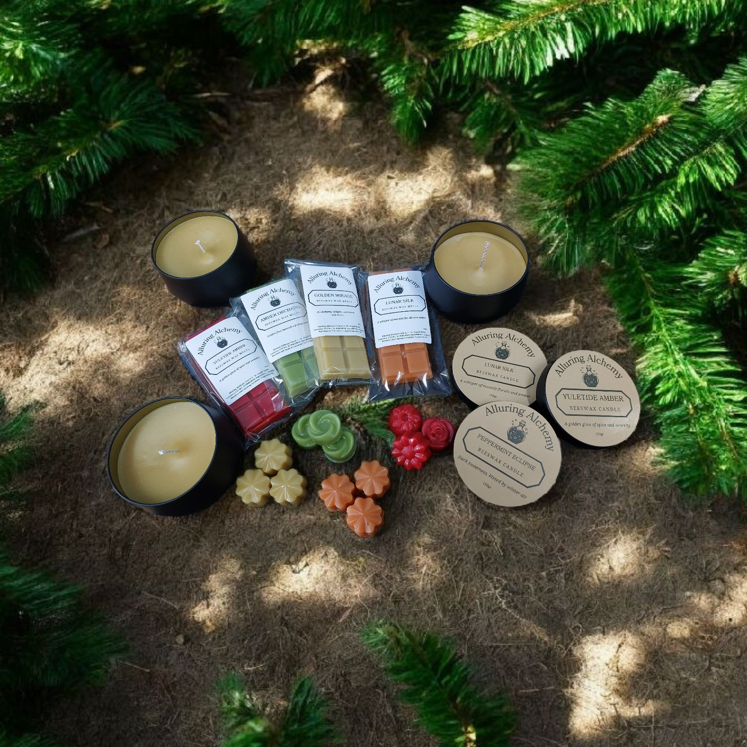 Candles and natural products arranged on a forest floor with greenery around