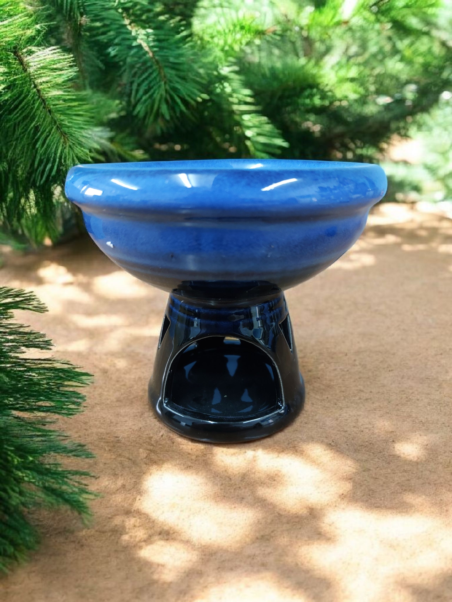 Blue ceramic bowl with a black base on a sandy surface with green foliage in the background