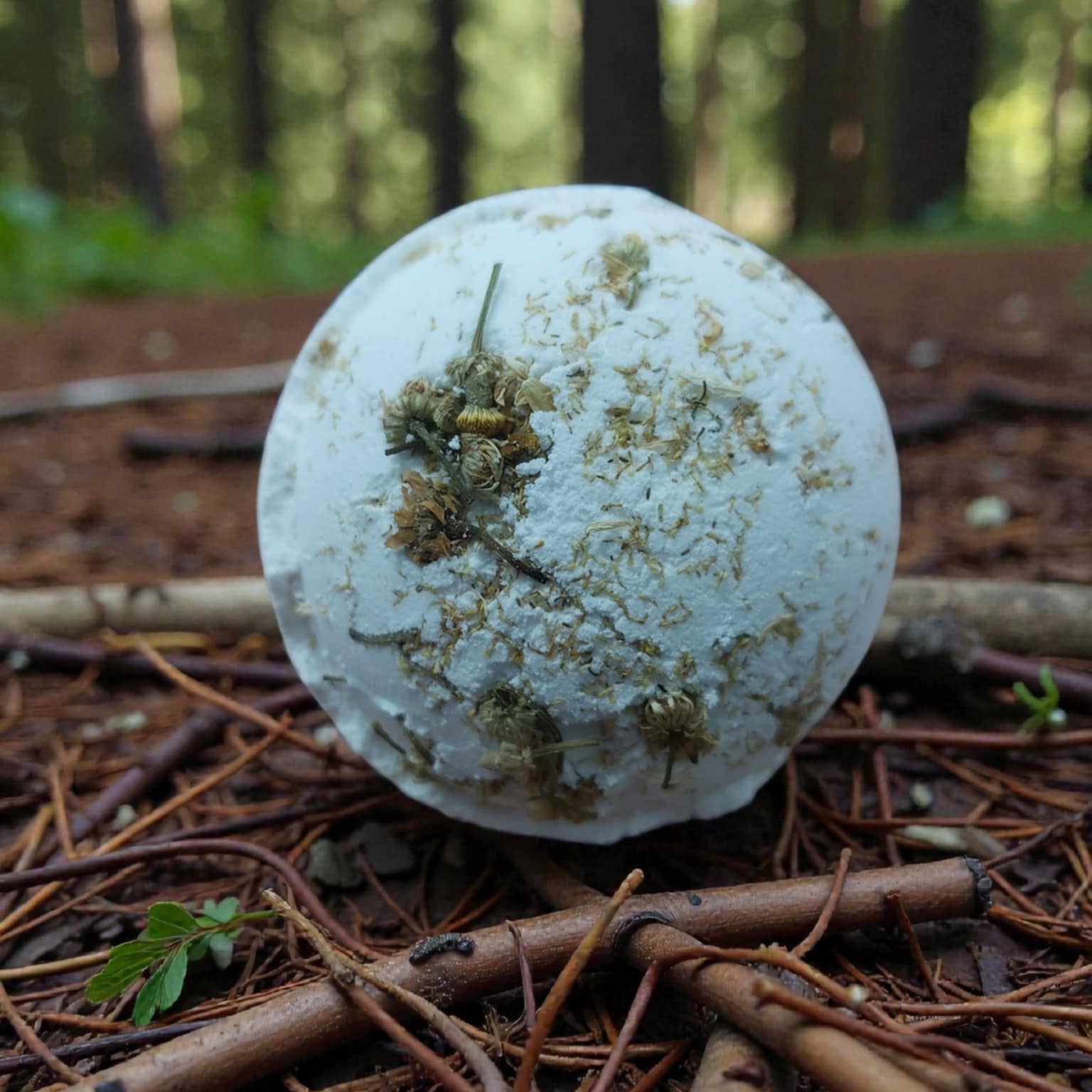 White bath bomb with chamomile petals on a forest floor