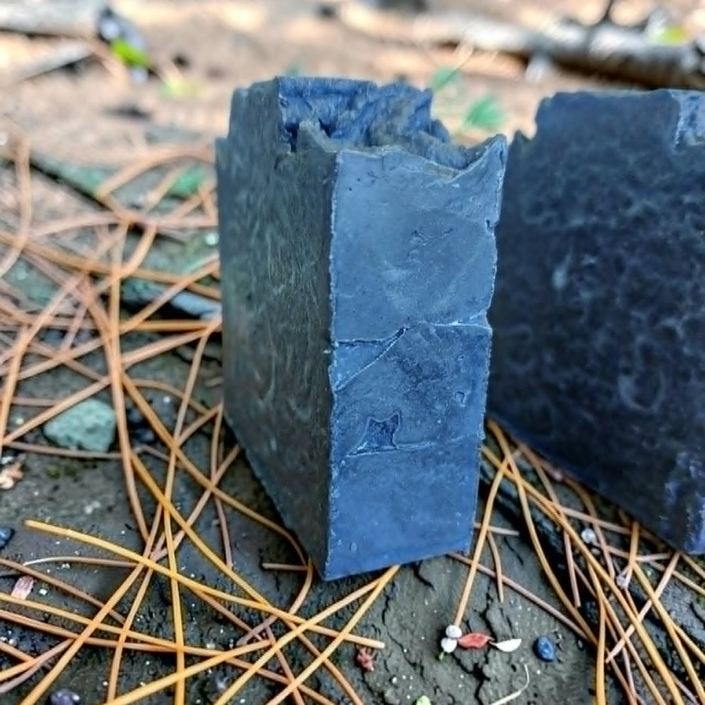 A dark blue-gray soap standing upright on forest ground covered with pine needles, with another similar block partly visible behind it.