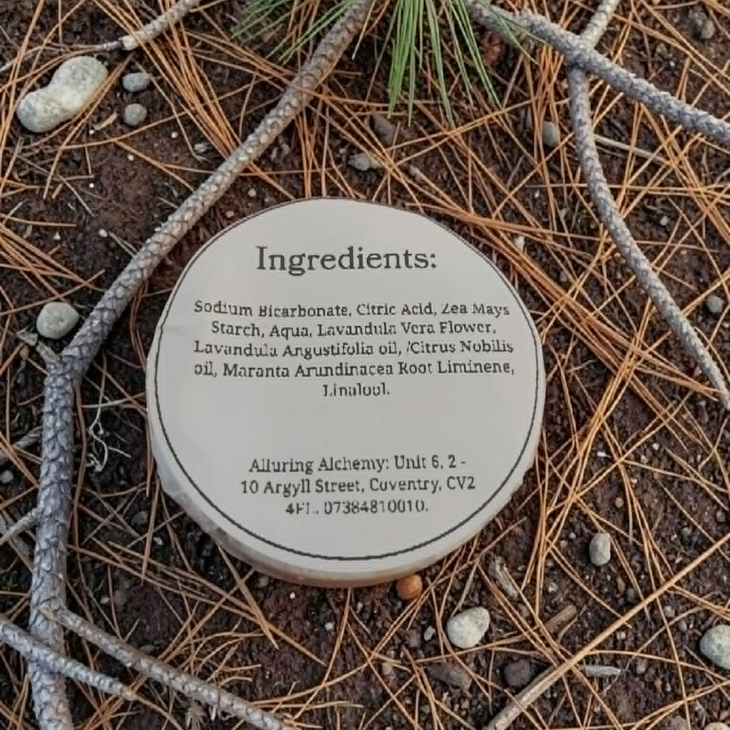 Round label with ingredients text on a natural background with twigs and stones.