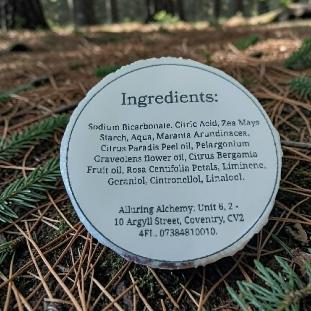 Round label with ingredients list on a forest floor background