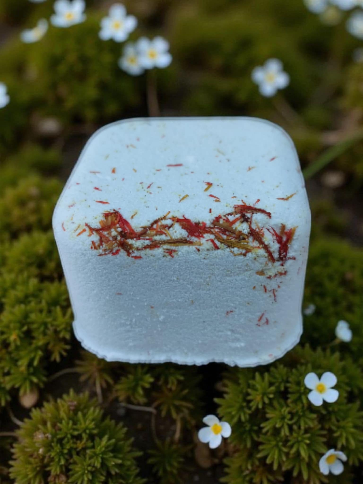 White cube with red and brown markings on a green mossy background with small white flowers.