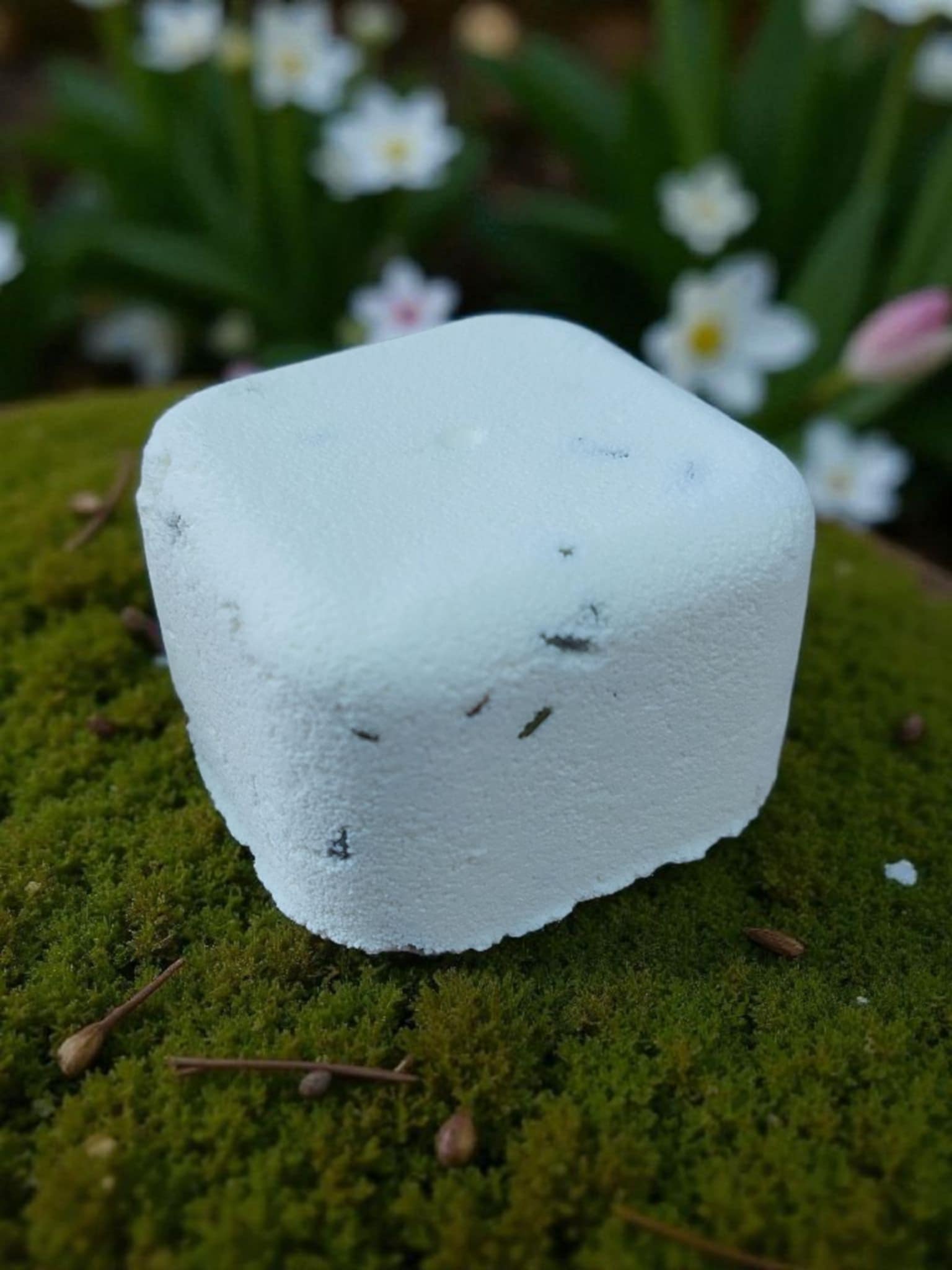 Hexagonal ice cube on a green mossy surface with flowers in the background