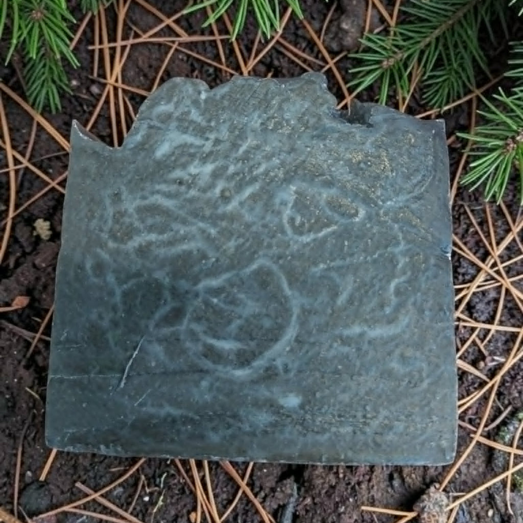 A square dark gray stone slab with a rough, textured surface, placed on forest soil surrounded by pine needles and green pine branches.