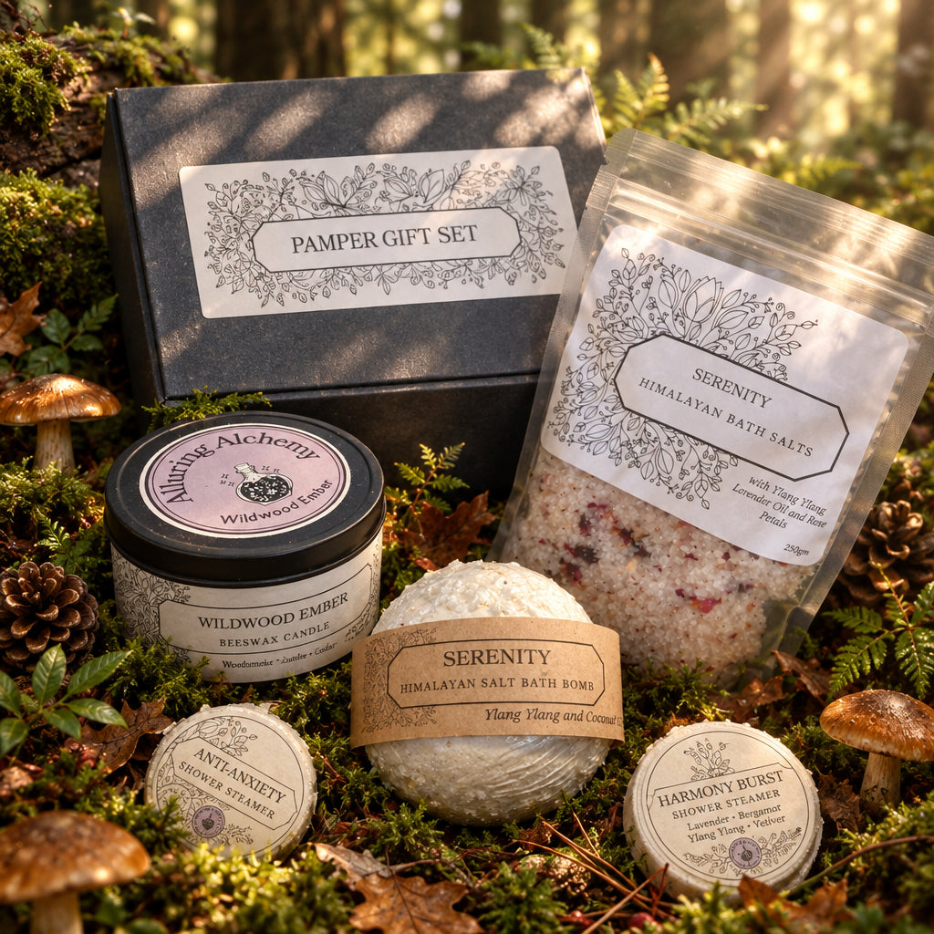 A dark blue Pamper Gift Set box filled with spa items, including a jar of Wildwood Apothecary Serenity, a bag of Himalayan Salt Bath Salts, a wrapped bath bomb, and two small flower creamery jars, all arranged in shredded paper filler.