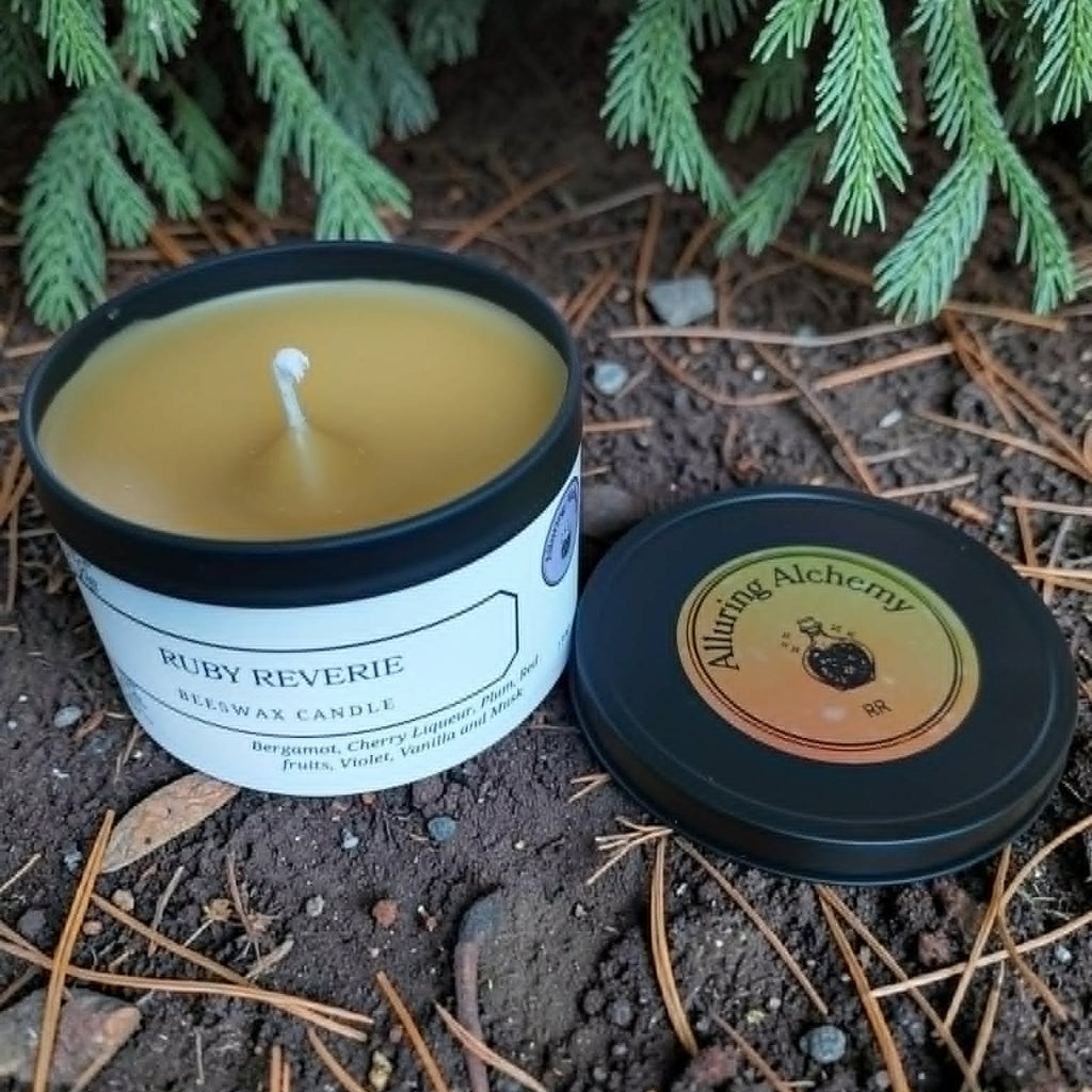 Candle in a tin with a label on a natural background