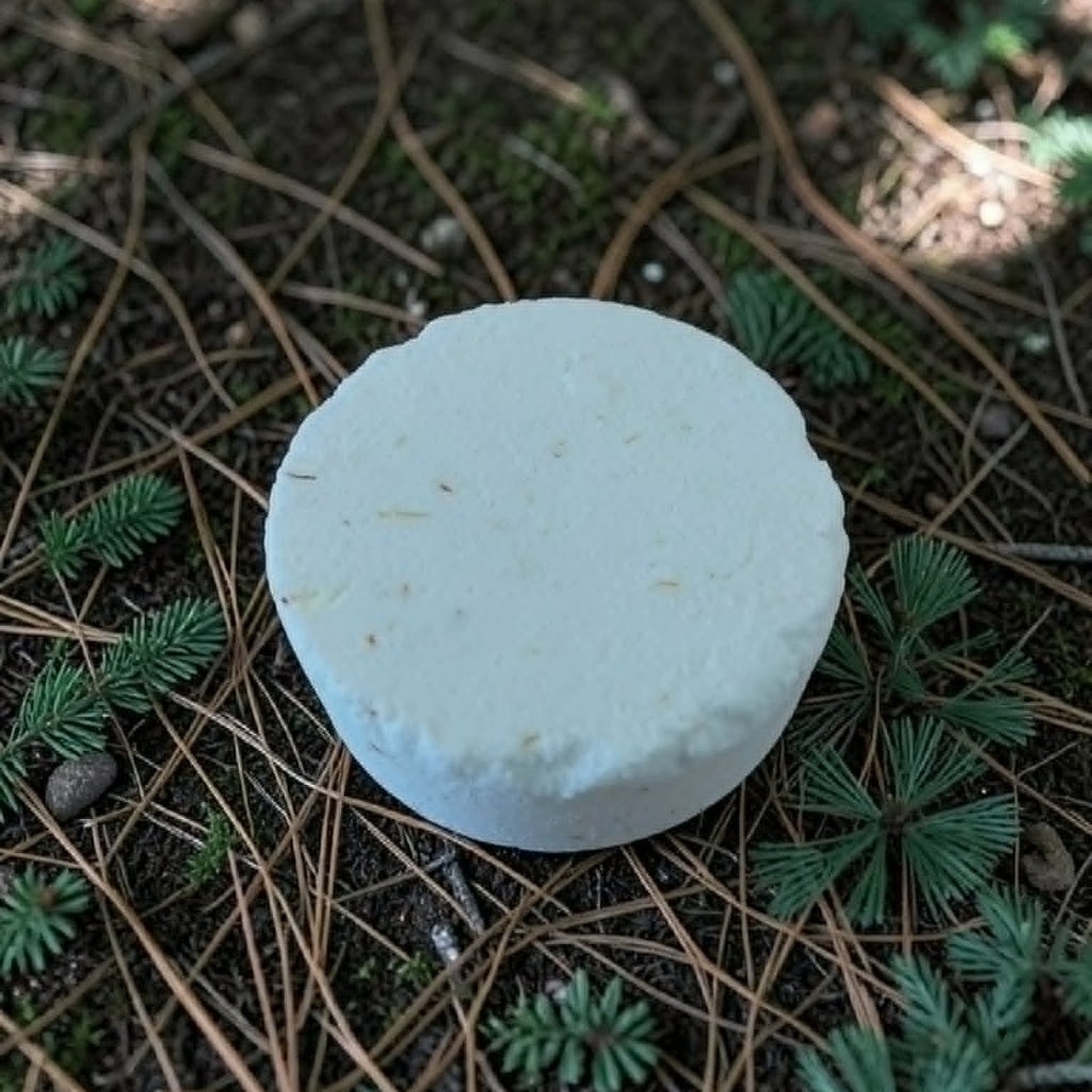 white round shower steamer on woodland floor with pine needles