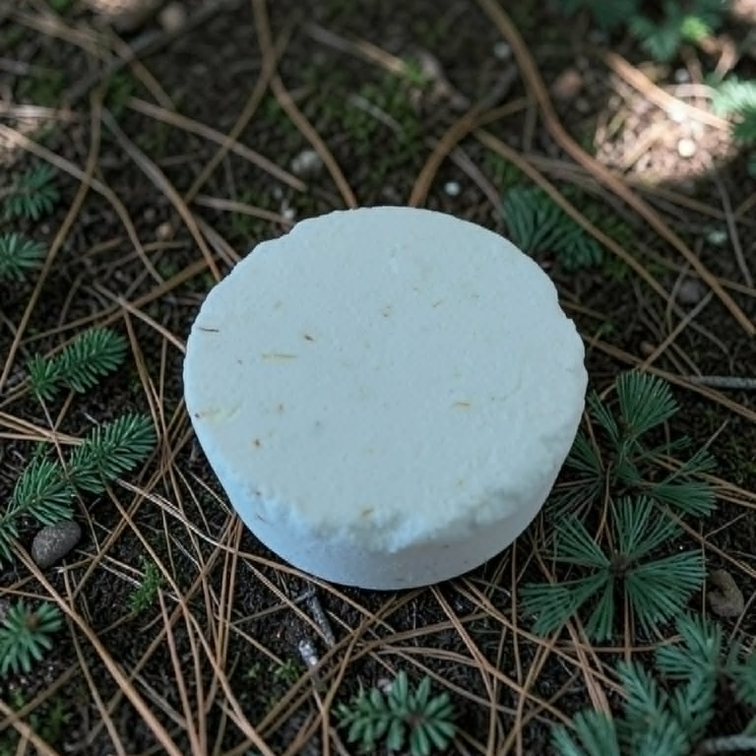 white round shower steamer on woodland floor with pine needles