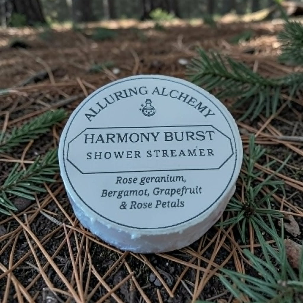 Shower streamer container labeled 'Harmony Burst' by 'Alluring Alchemy' on a forest floor.