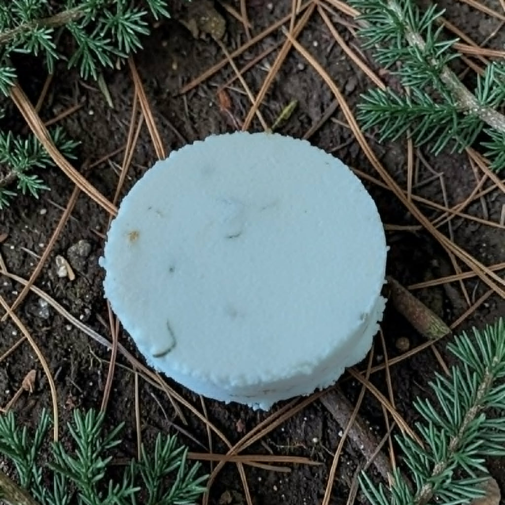 Light blue cap of a mushroom on the forest floor with pine needles and twigs.