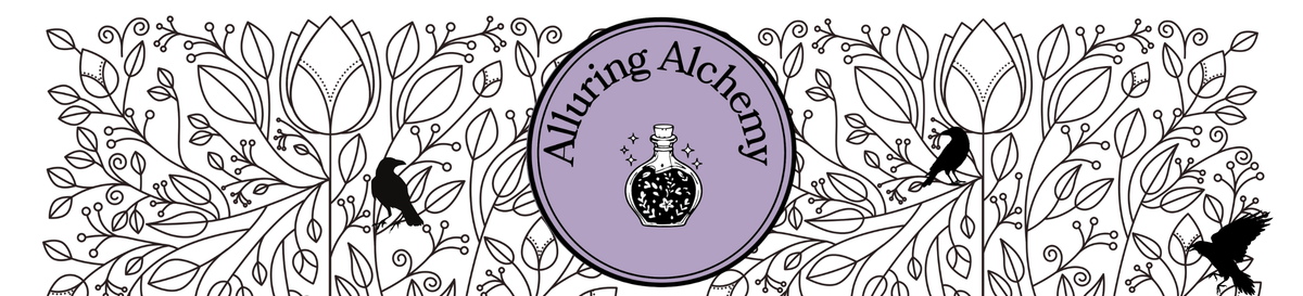 A decorative black-and-white botanical border with illustrated leaves, birds, and a central lavender oval badge reading 'Alluring Alchemy' around a potion bottle icon.